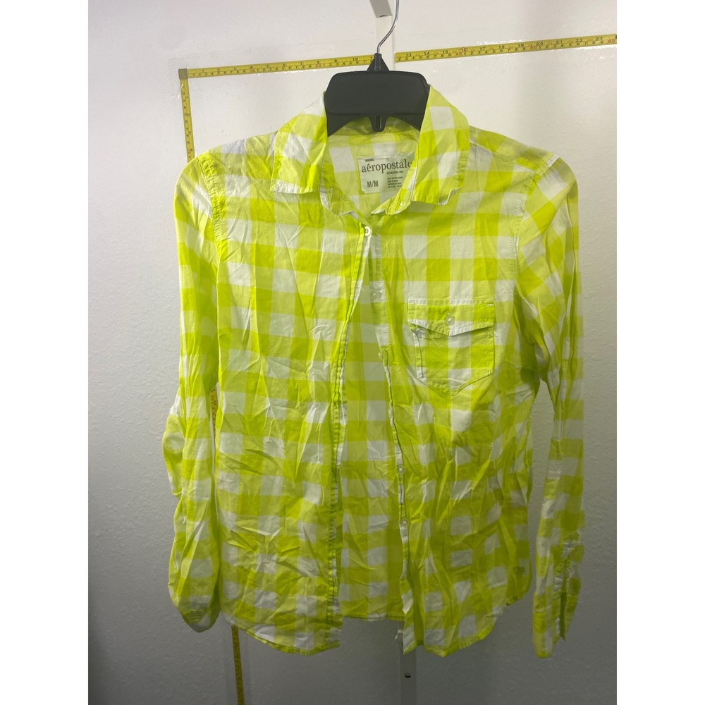 Aeropostale Womens Neon Yellow Gingham Button Down Shirt Long Sleeve Medium
